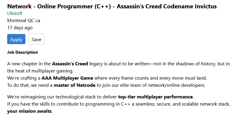 Ubisoft Network Programmer Job Opening